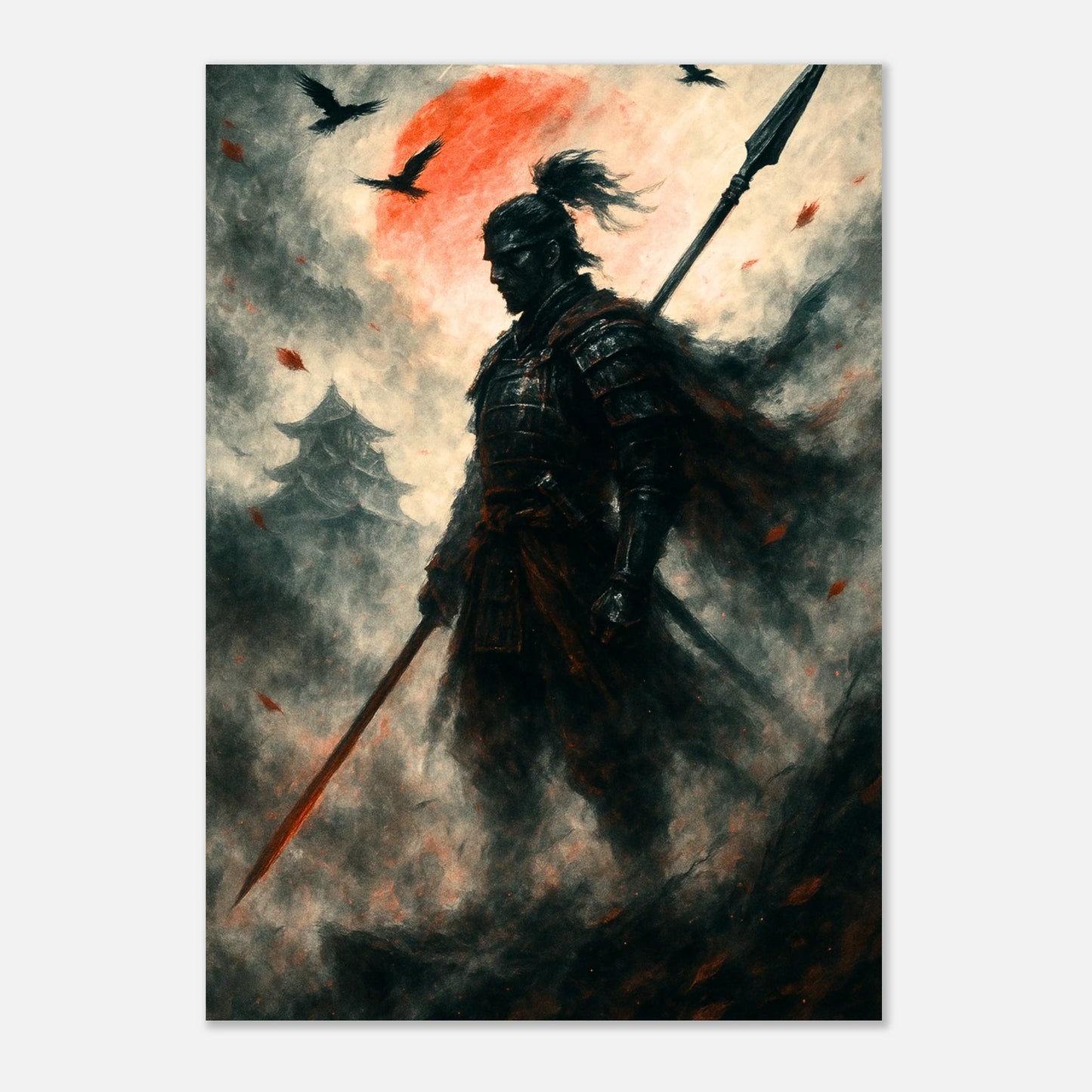 Japanese samurai warrior poster with spear, red sun background and drifting autumn leaves