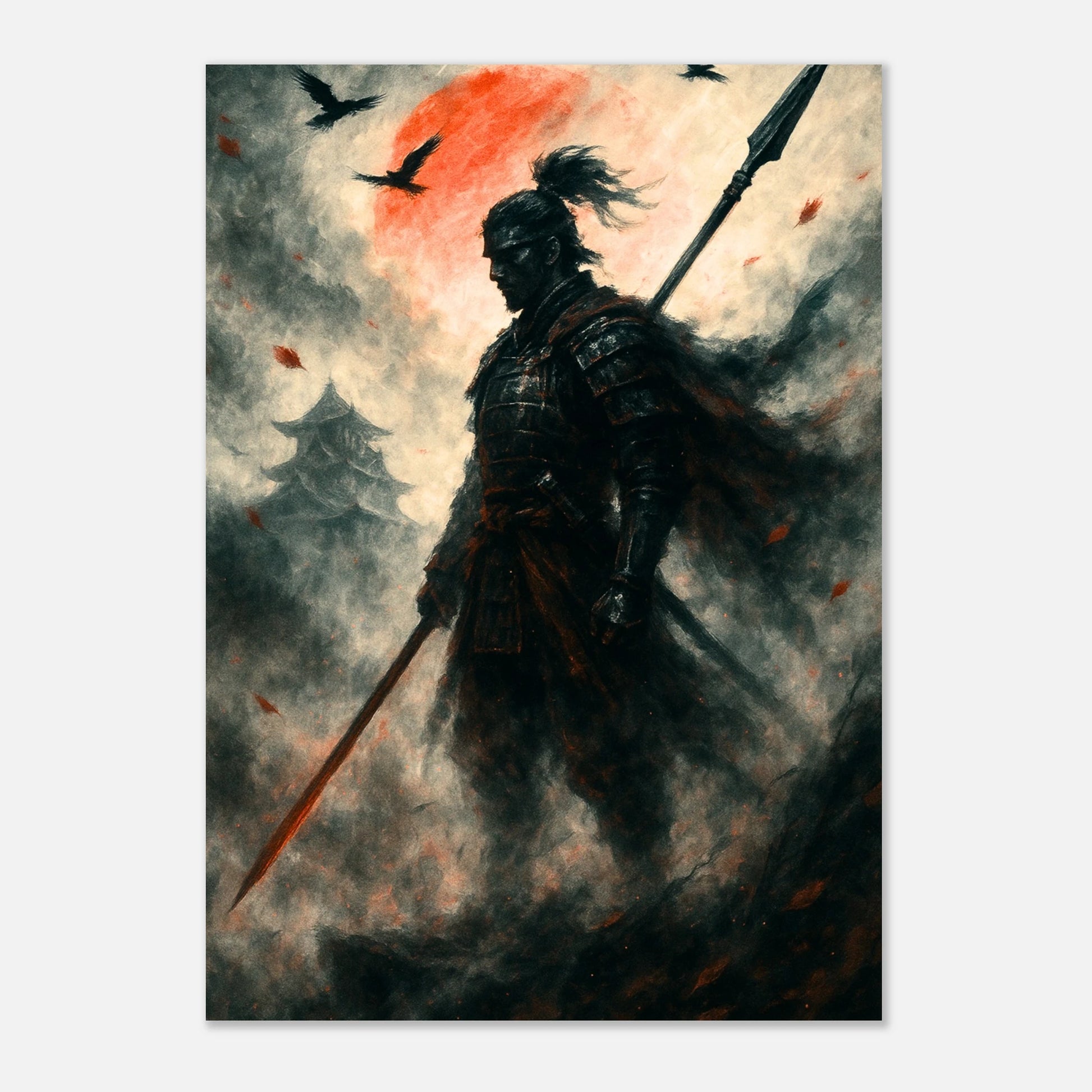 Japanese samurai warrior wall art print with red sun and falling autumn leaves, fantasy style