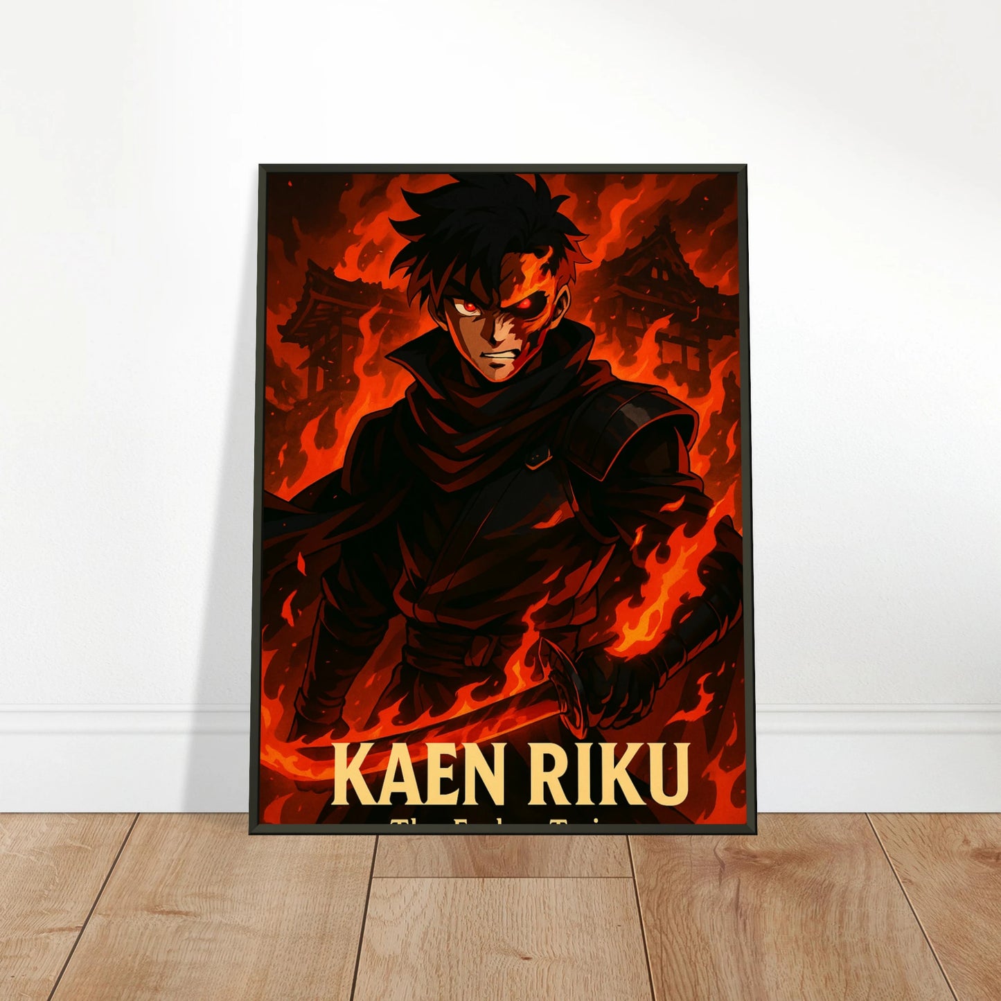 „KAEN RIKU – Flame of Vengeance“ an die Wand gelehnt – intensives Anime-Kunstwerk in rotem Licht | DEFA Designs