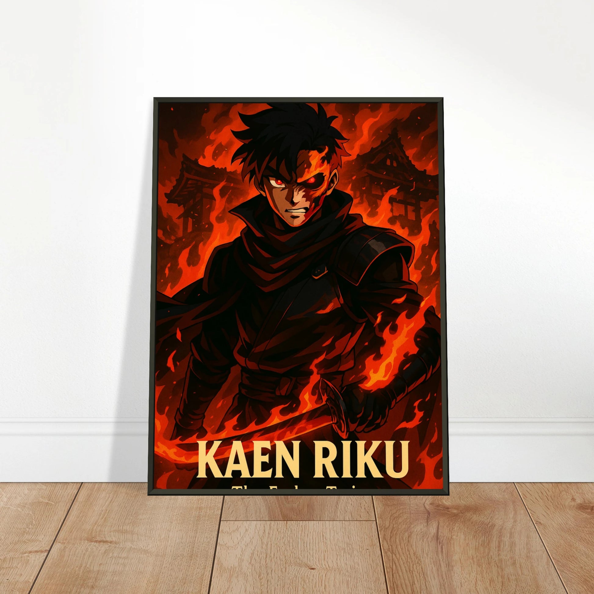 „KAEN RIKU – Flame of Vengeance“ an die Wand gelehnt – intensives Anime-Kunstwerk in rotem Licht | DEFA Designs