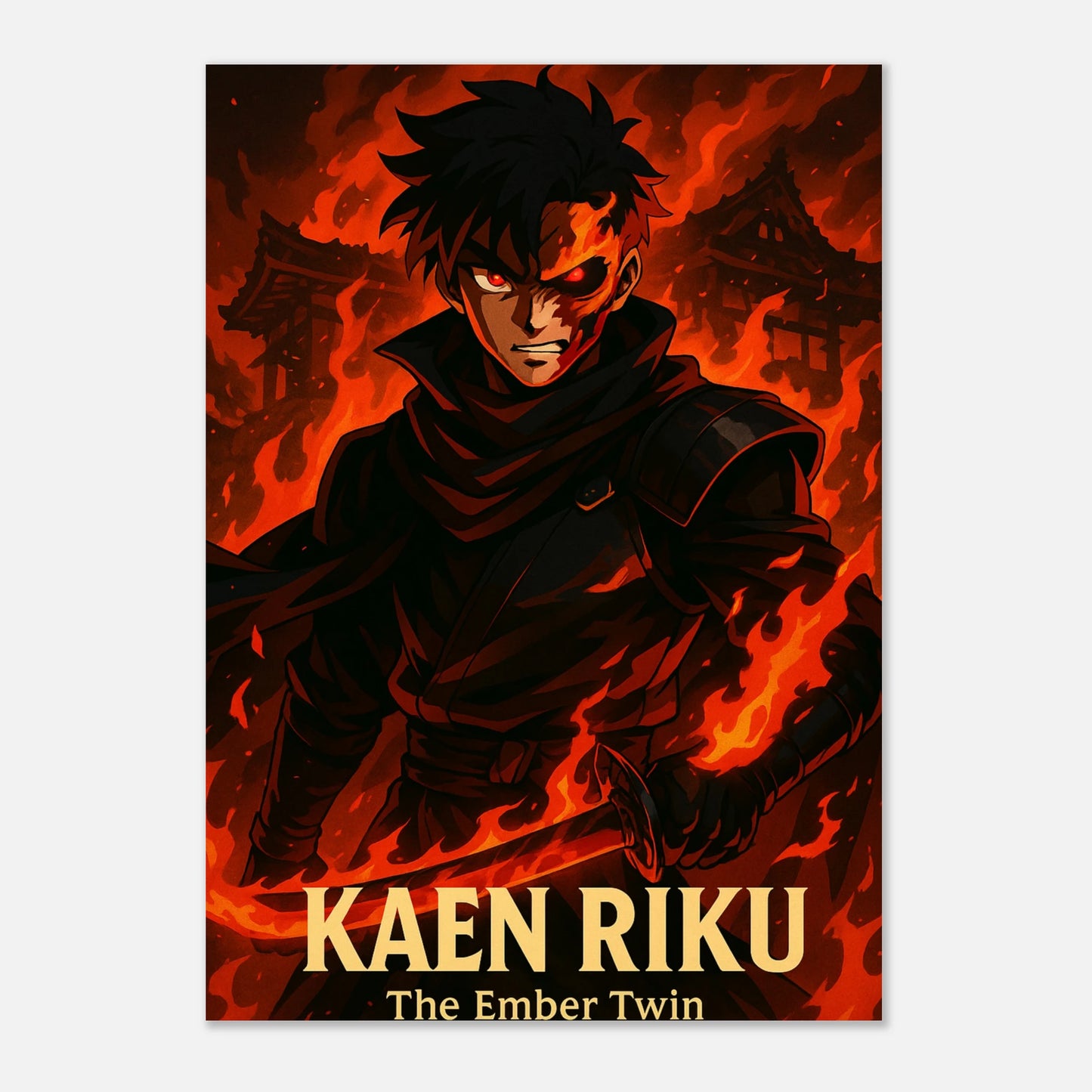 Detailansicht Anime Poster Kaen Riku – The Ember Twin. Mächtiger Krieger in Feuer und Flammen als moderner Kunstdruck
