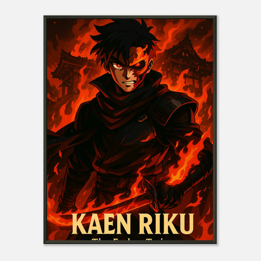 „KAEN RIKU – Flame of Vengeance“ Poster – brennender Anime-Krieger mit rotem Feuer & dunkler Aura | DEFA Designs