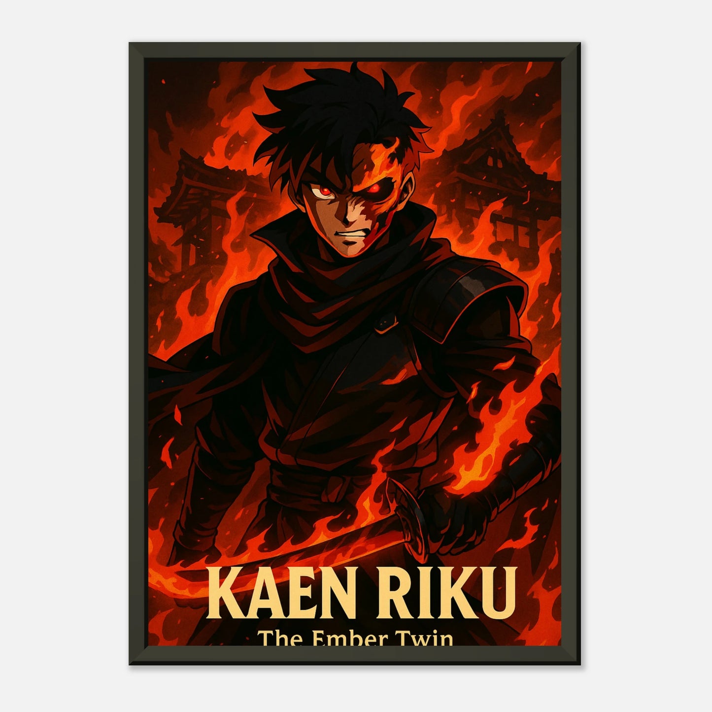 „KAEN RIKU“ Poster im schwarzen Metallrahmen – leuchtendes Anime-Motiv mit rotem Feuereffekt | DEFA Designs