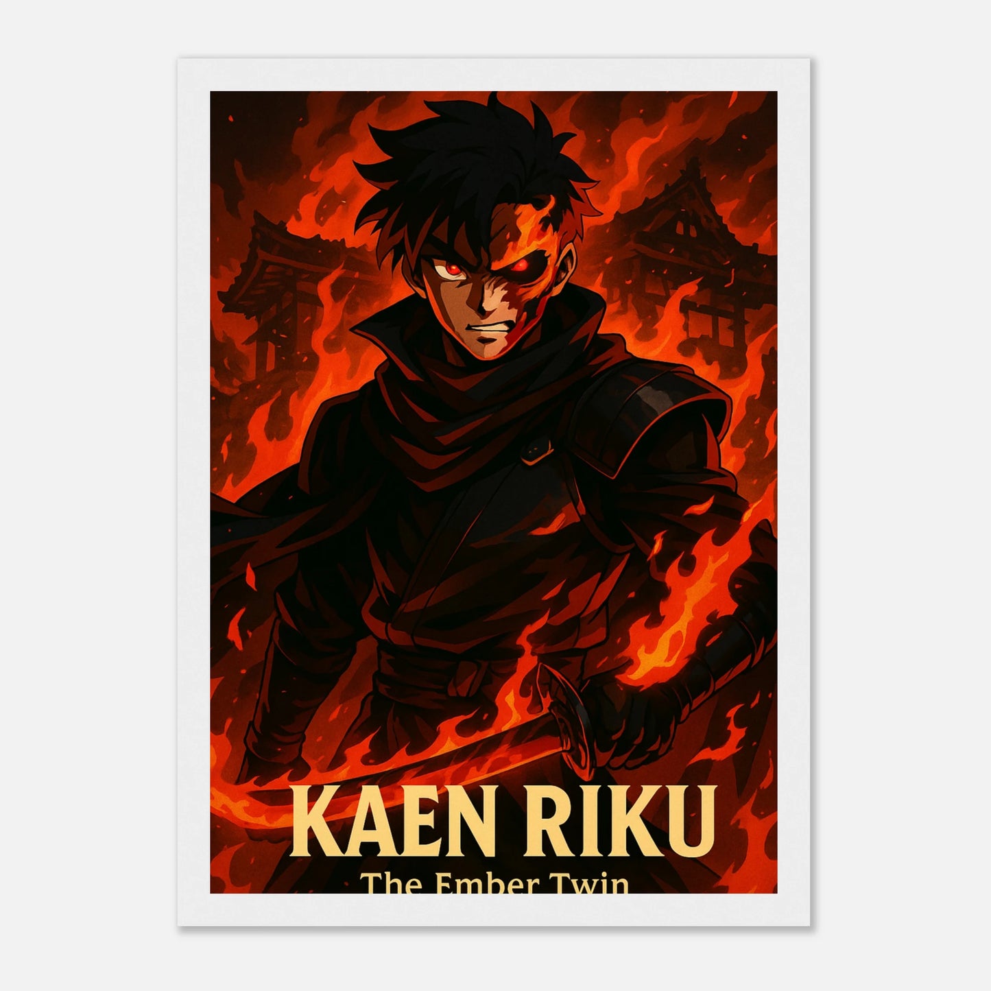 KAEN RIKU Poster im weißen Rahmen – Anime-Held umgeben von Flammen, Symbol für Stärke, Mut und Entschlossenheit. Hochwertiger Druck von Defa Designs.