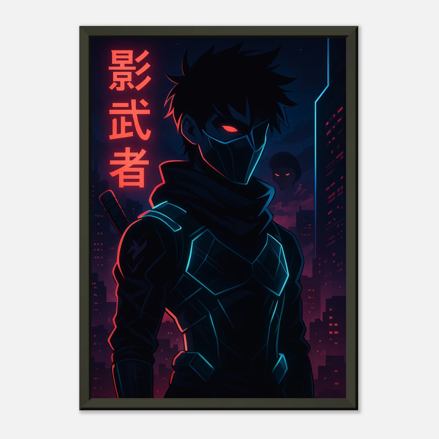 Cyberpunk Ninja Anime Poster KAGE ZERO – frontal im schwarzen Metallrahmen, leuchtende Neonästhetik für moderne Wanddeko