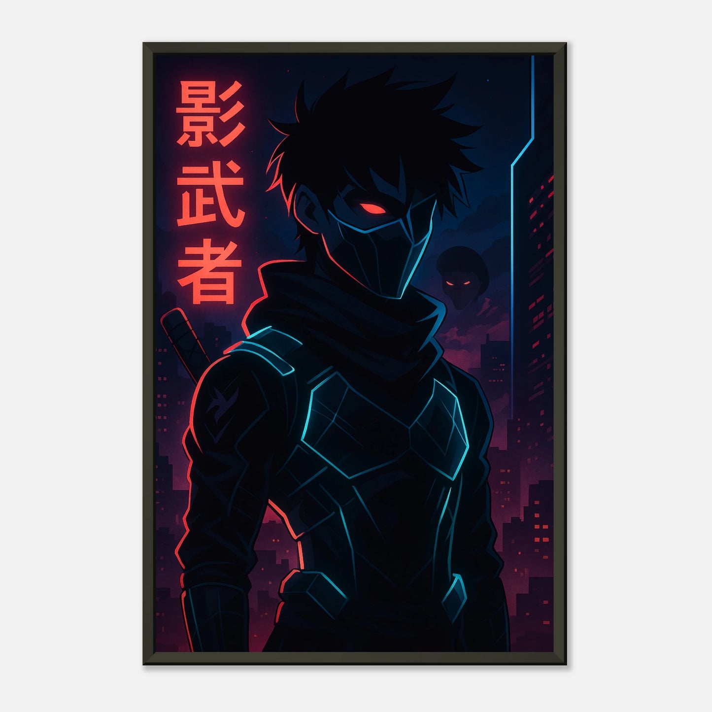 KAGE ZERO Shadow Protocol Anime Wandbild leicht seitlich fotografiert – hochwertiger schwarzer Rahmen, futurische Illustration