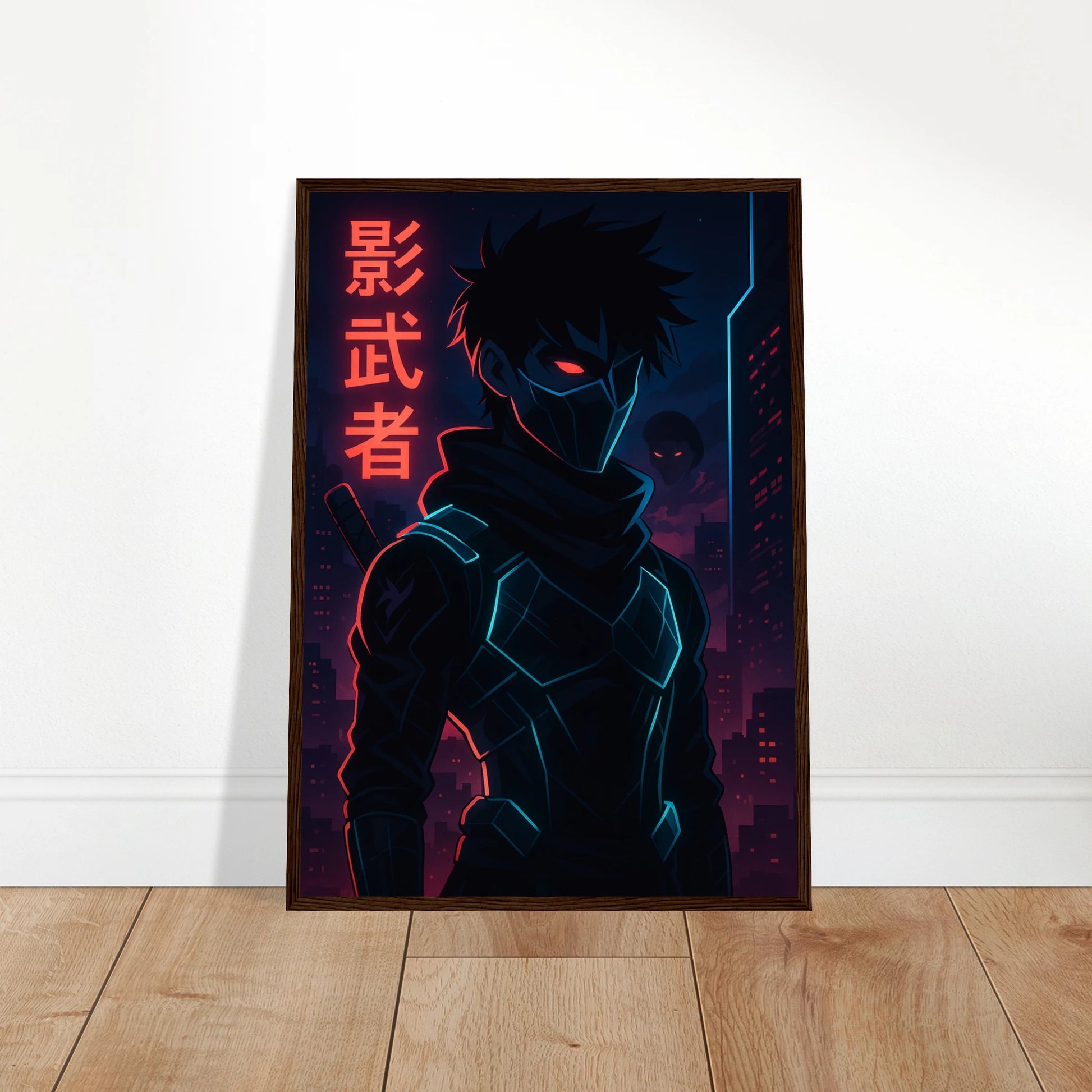KAGE ZERO Poster an die Wand gelehnt – Anime-Kunst mit Samurai im roten Licht, starke Kontraste zwischen Dunkelheit und Energie. Defa Designs Wanddekoration.