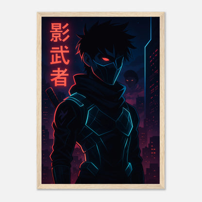 KAGE ZERO Poster im hellbraunen Holzrahmen – düsterer Cyber-Samurai mit roten Neonlichtern, futuristische Anime-Kunst voller Energie und Macht. Premium-Druck von Defa Designs.