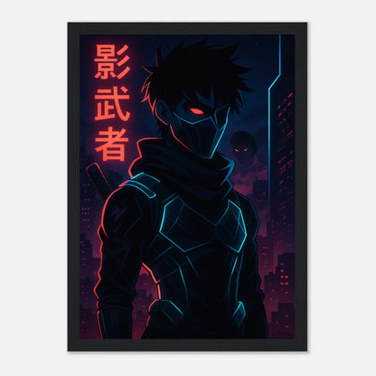 KAGE ZERO Poster im schwarzen Rahmen – intensives Anime-Kunstwerk mit rotem Neonlicht und Schattenenergie, inspiriert vom modernen Cyberpunk. Defa Designs.