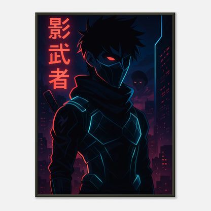 KAGE ZERO Shadow Protocol Anime Poster mit schwarzem Metallrahmen – futurischer Cyberpunk Ninja Kunstdruck in kräftigen Neonfarben