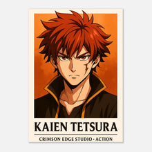 Anime Poster Kaien Tetsura – Flame Born, Battle Forged. Hochwertiger Kunstdruck mit feurigem Charakter-Design als Wanddeko