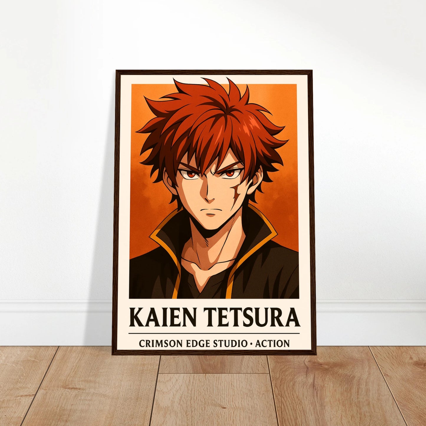 KAIEN TETSURA Anime Poster an die Wand gelehnt, feurige Darstellung eines rothaarigen Kriegers mit leidenschaftlicher Aura, modernes Wanddesign von Defa Designs.