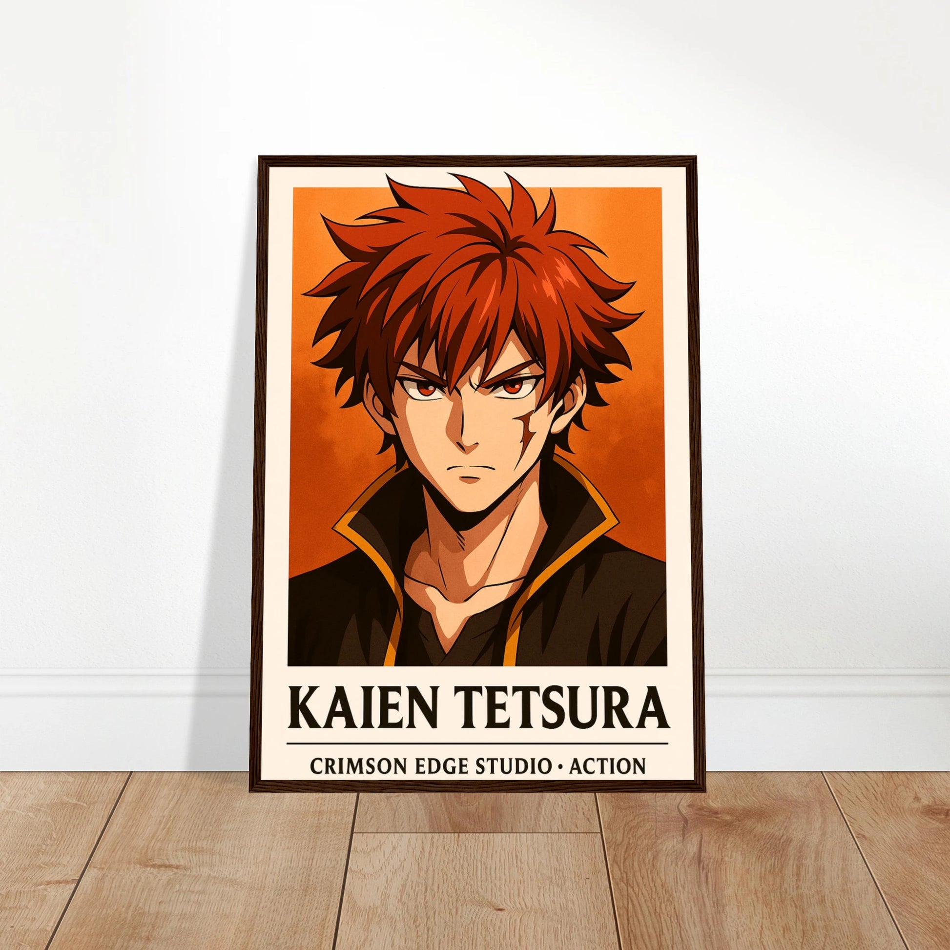 KAIEN TETSURA Anime Poster an die Wand gelehnt, feurige Darstellung eines rothaarigen Kriegers mit leidenschaftlicher Aura, modernes Wanddesign von Defa Designs.