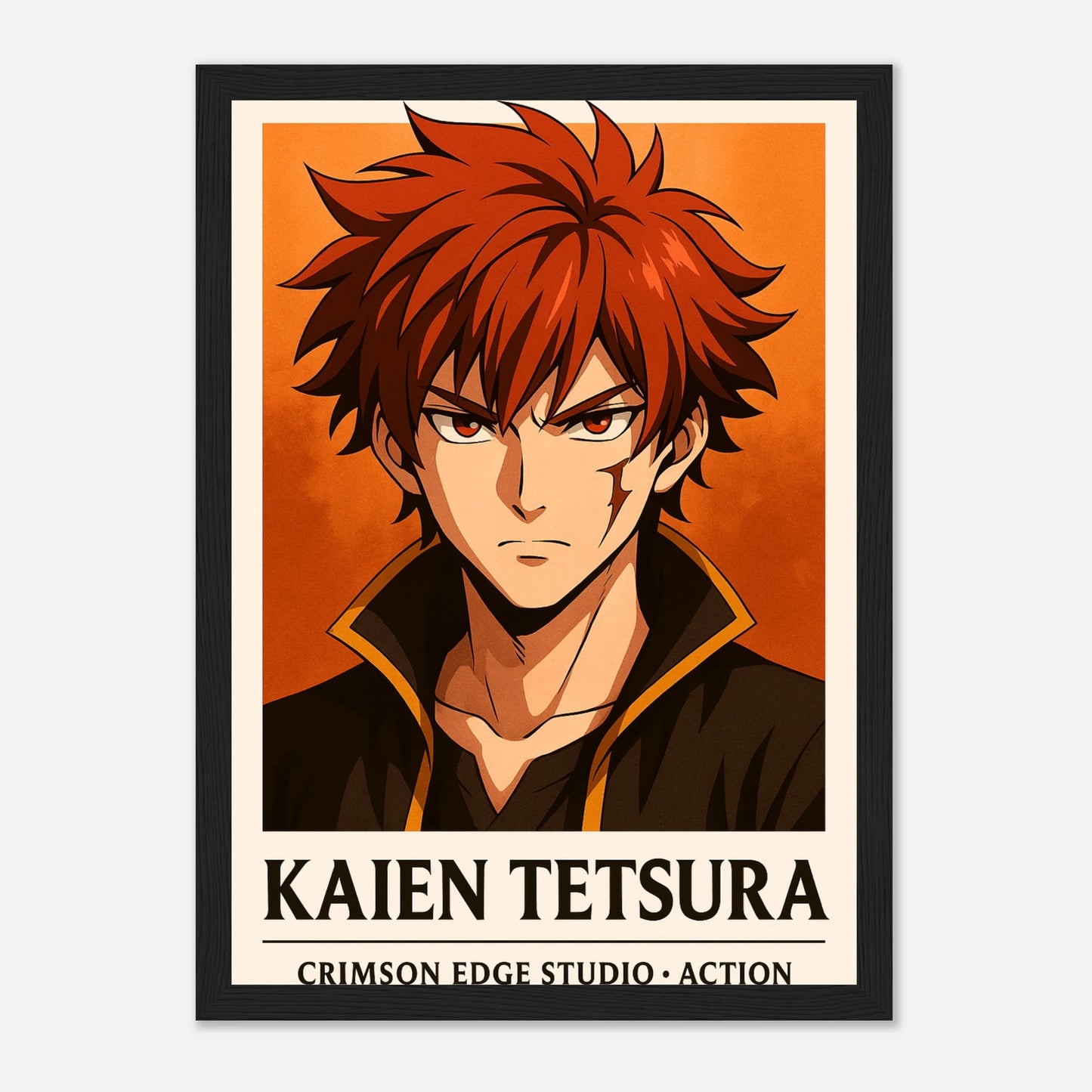 KAIEN TETSURA – Flame Born, Battle Forged Poster im schwarzen Rahmen, feuriger Anime-Krieger mit roten Haaren und intensivem Blick, epische Charakterkunst von Defa Designs.