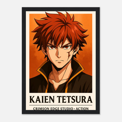 KAIEN TETSURA – Flame Born, Battle Forged Poster im schwarzen Rahmen, feuriger Anime-Krieger mit roten Haaren und intensivem Blick, epische Charakterkunst von Defa Designs.
