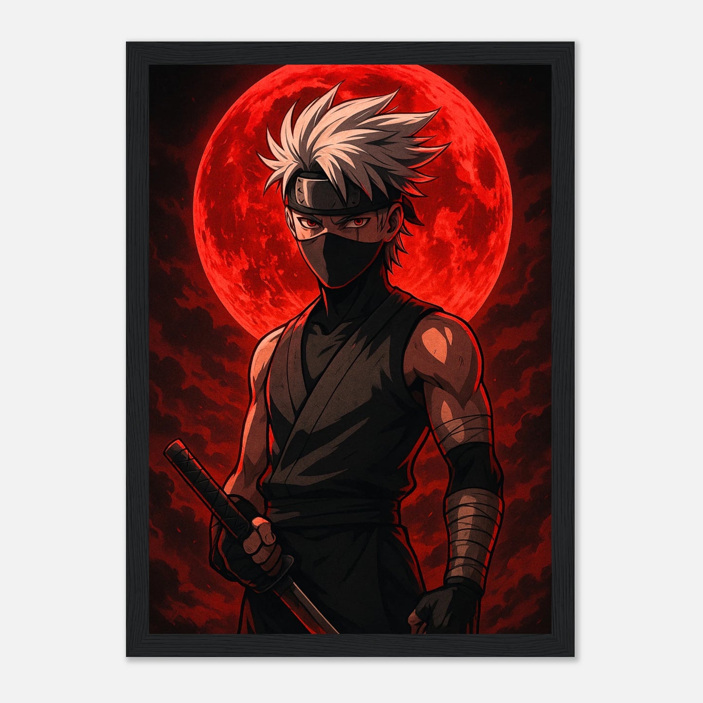 KAZE ROKU – Blood Moon Rising Poster im schwarzen Rahmen, geheimnisvoller Samurai unter rotem Mondlicht, epische japanische Anime-Kunst von Defa Designs.