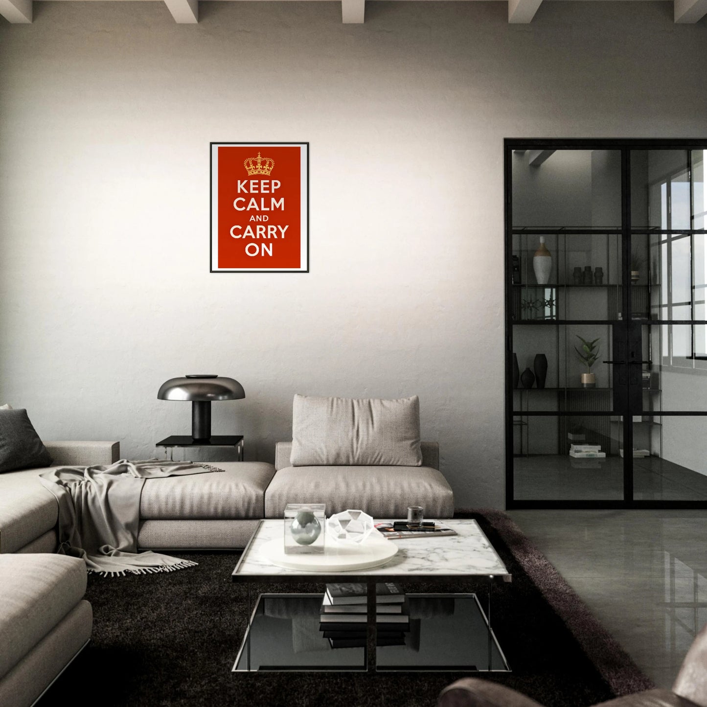 Keep Calm and Carry On poster in black metal frame styled in dark modern living room setting