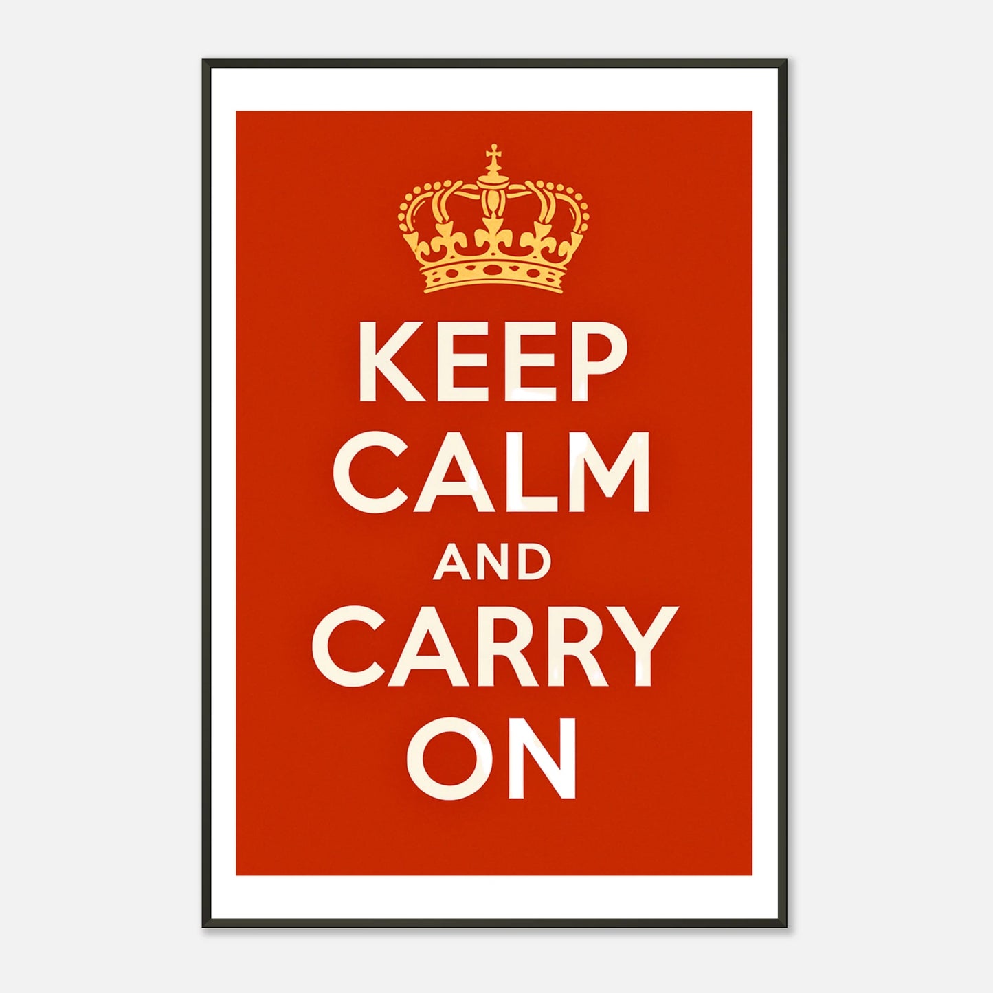 Keep Calm and Carry On wall art poster in black metal frame front view with classic crown and bold lettering