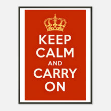 Keep Calm and Carry On motivational wall art poster in black metal frame featuring iconic red British typography design
