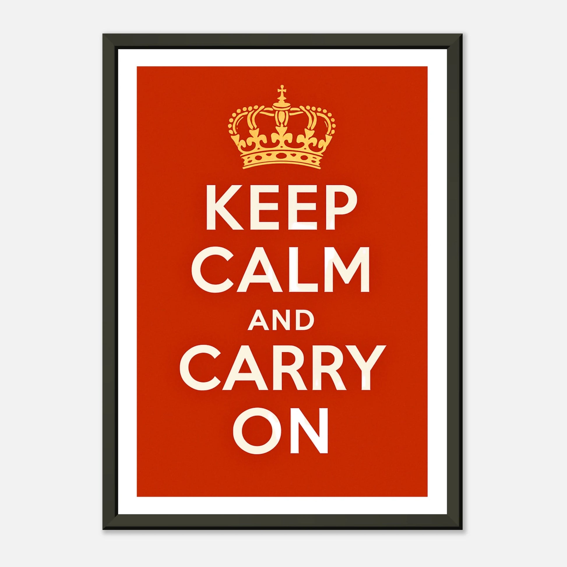 Keep Calm and Carry On minimalist motivational wall art in black metal frame clean studio presentation