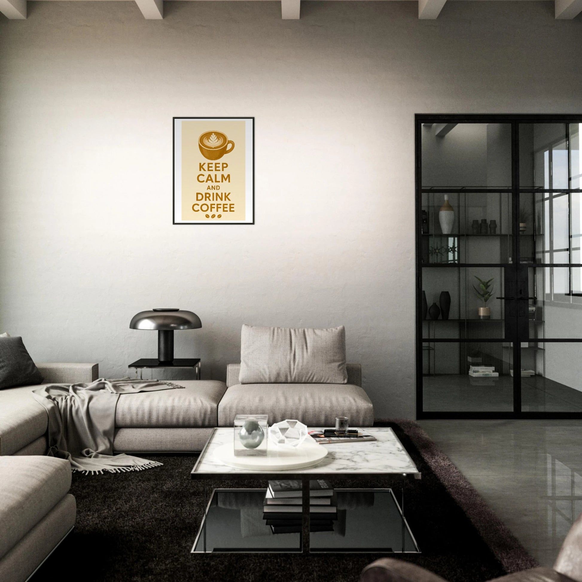 Keep Calm and Drink Coffee retro coffee poster in black metal frame styled in dark modern living room setting