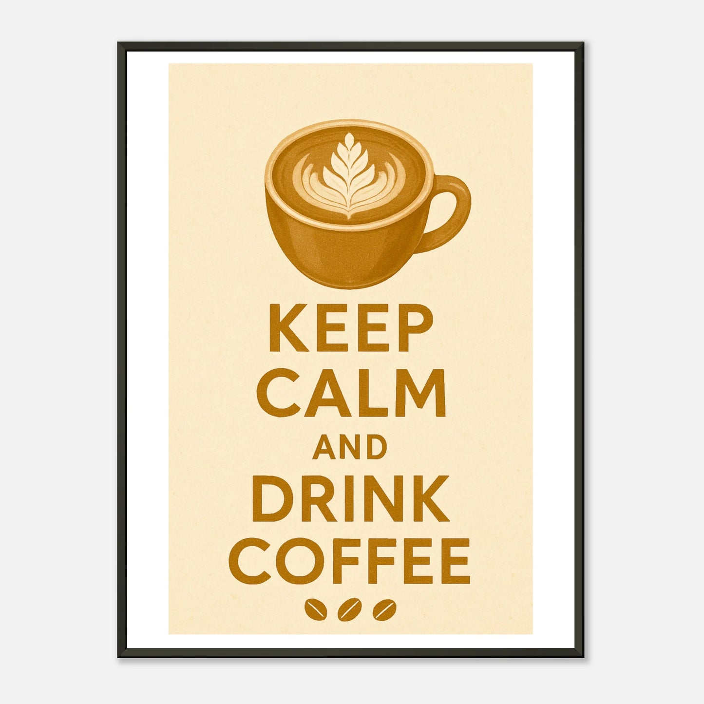 Keep Calm and Drink Coffee wall art poster in black metal frame featuring retro coffee cup icon and warm café typography