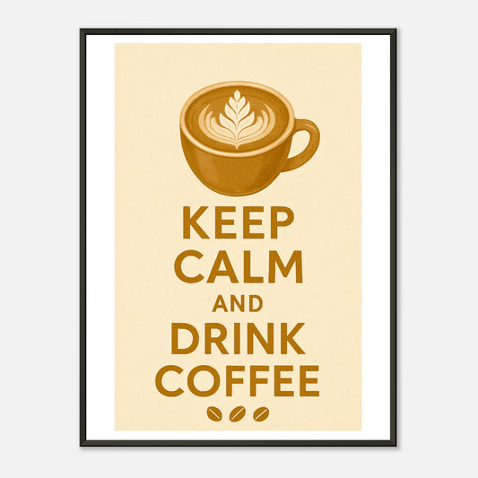 Keep Calm and Drink Coffee wall art poster in black metal frame featuring retro coffee cup icon and warm café typography