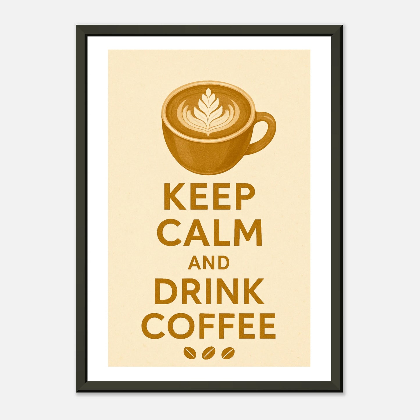 Keep Calm and Drink Coffee minimalist coffee wall art in black metal frame clean studio presentation