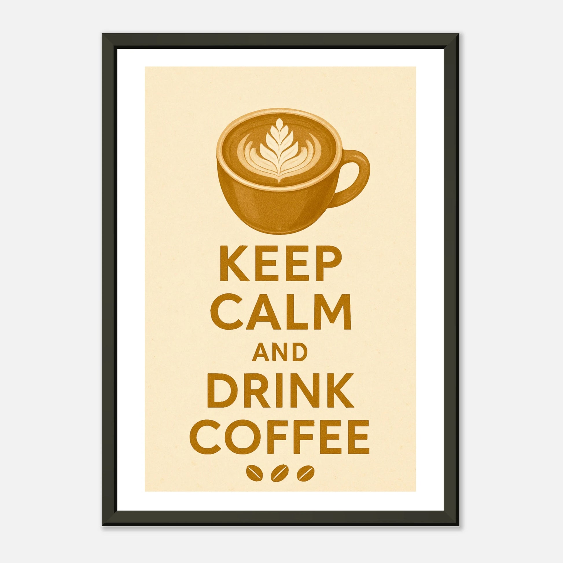 Keep Calm and Drink Coffee minimalist coffee wall art in black metal frame clean studio presentation