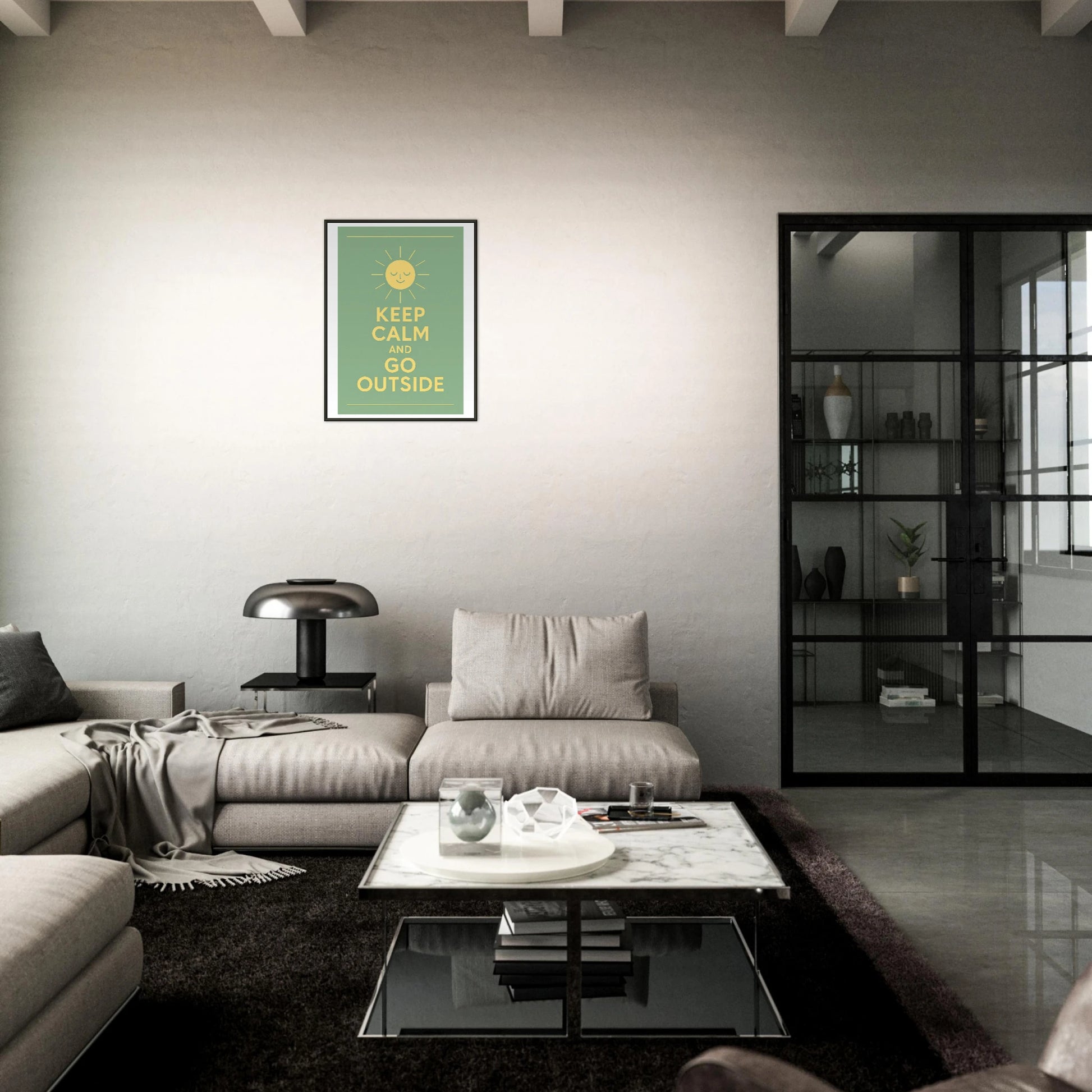 Keep Calm and Go Outside inspirational nature poster in black metal frame styled in dark modern living room setting