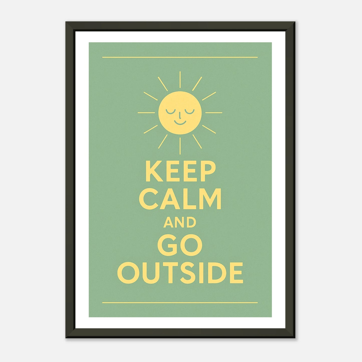 Keep Calm and Go Outside motivational wall art print in black metal frame with soft green background and sun graphic