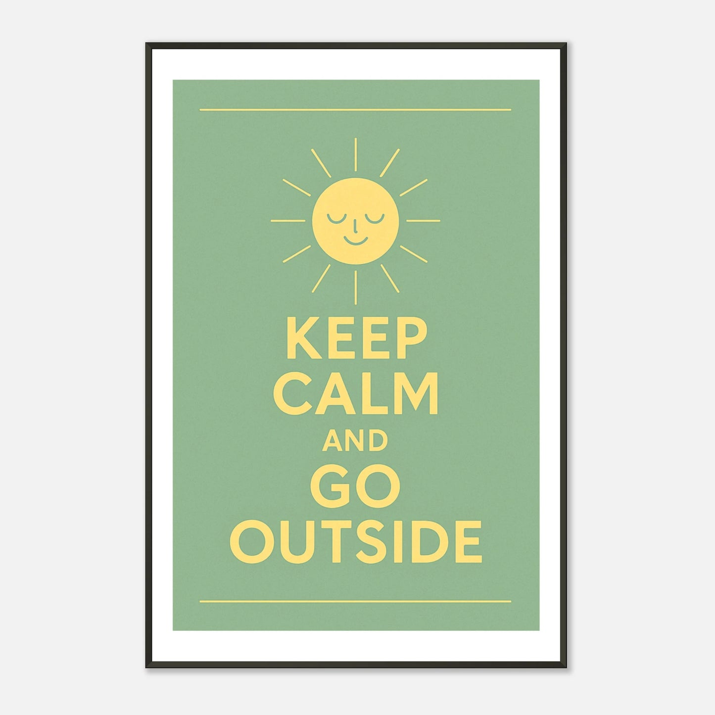Keep Calm and Go Outside inspirational wall art in black metal frame front view with minimalist green typography design