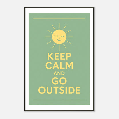 Keep Calm and Go Outside inspirational wall art in black metal frame front view with minimalist green typography design