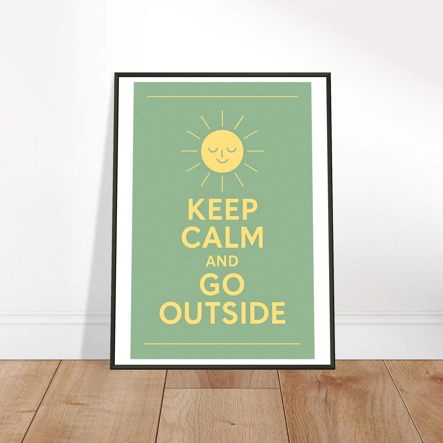 Keep Calm and Go Outside wall art poster leaning against wall in black metal frame modern hallway decor mockup
