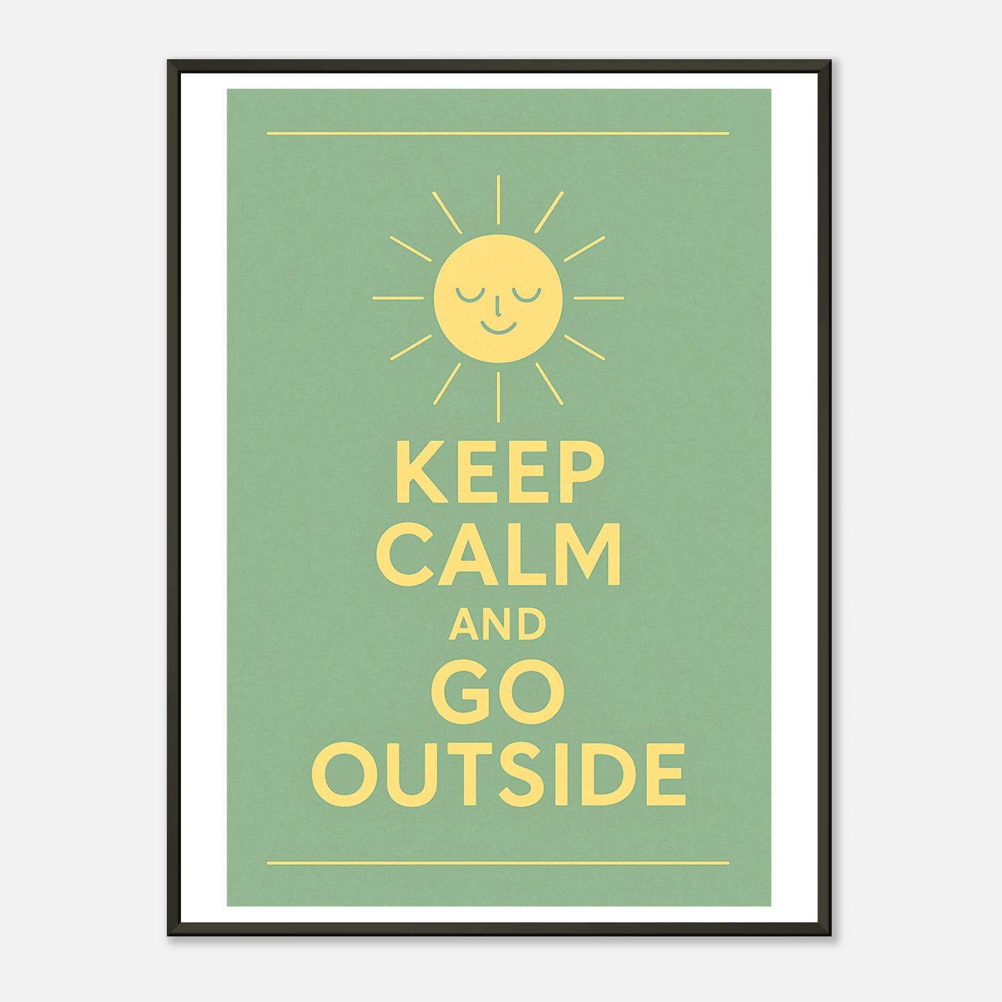Keep Calm and Go Outside wall art poster in black metal frame featuring cheerful sun illustration and inspirational nature quote