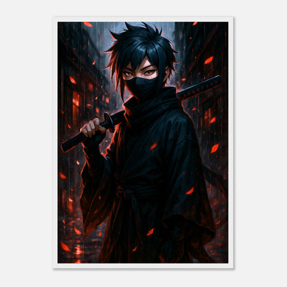KURA YAMI Poster im weißen Rahmen – Samurai mit Katana in der Dunkelheit, reflektiertes Licht und regnerische Stimmung. Elegante Anime-Kunst von Defa Designs.