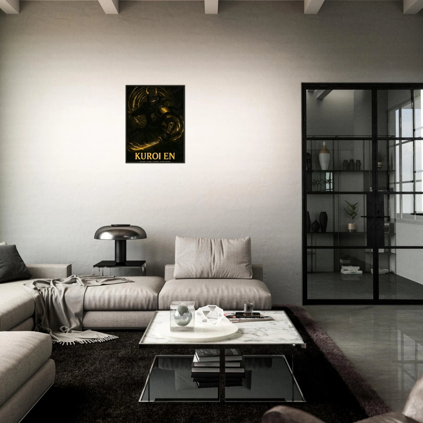 Kuroi En Samurai Ninja Poster im schwarzen Metallrahmen – stilvolle Wandkunst in dunklem Wohnzimmer / Gaming Room.