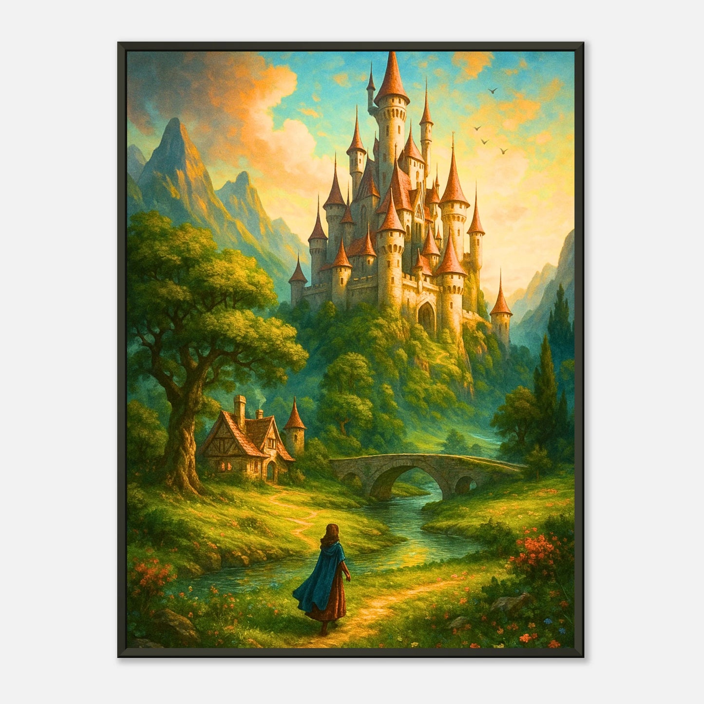 Land of Wonders Fantasy Märchen Wandbild mit schwarzem Metallrahmen, magische Landschaft mit Schloss, Wald und goldenem Licht