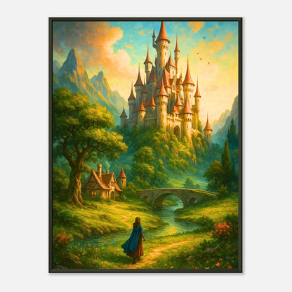 Land of Wonders Fantasy Märchen Wandbild mit schwarzem Metallrahmen, magische Landschaft mit Schloss, Wald und goldenem Licht