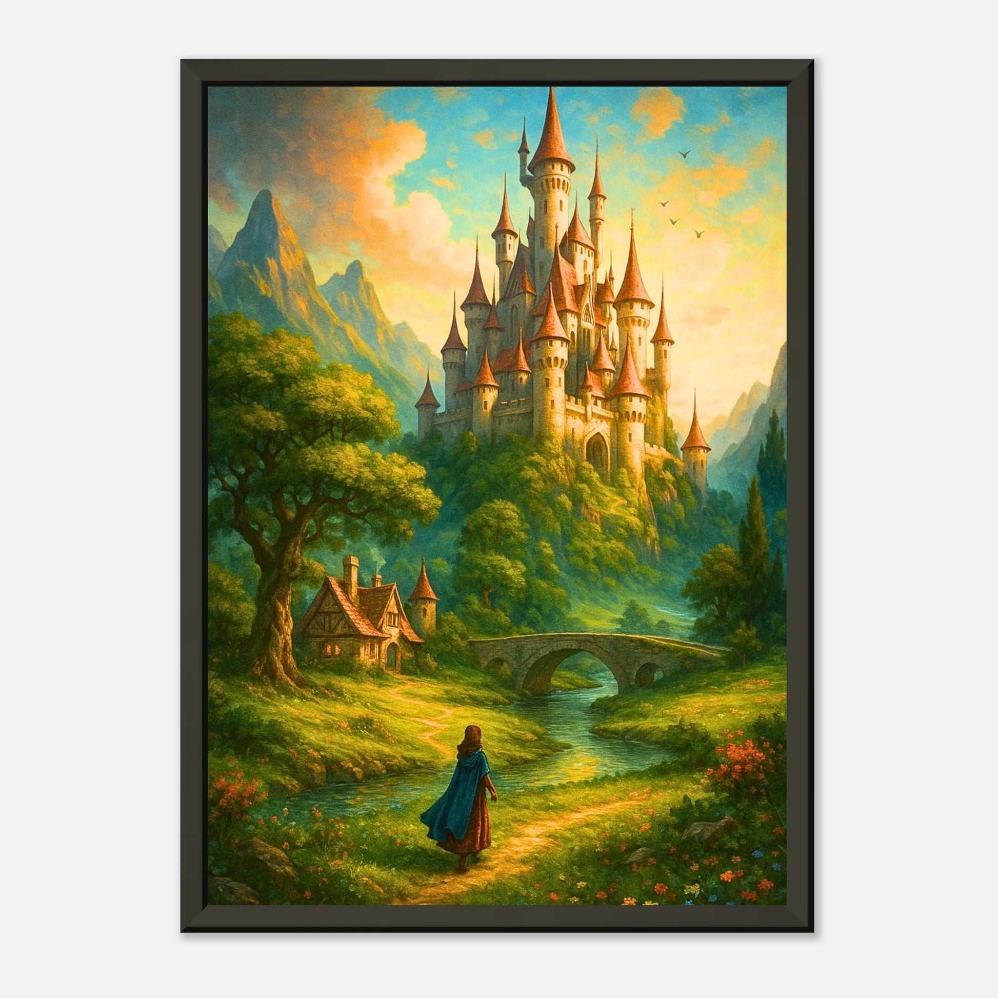 Land of Wonders Fantasy Schloss Kunst als Wandbild mit schwarzem Metallrahmen, märchenhafte Landschaft mit leuchtenden Farben