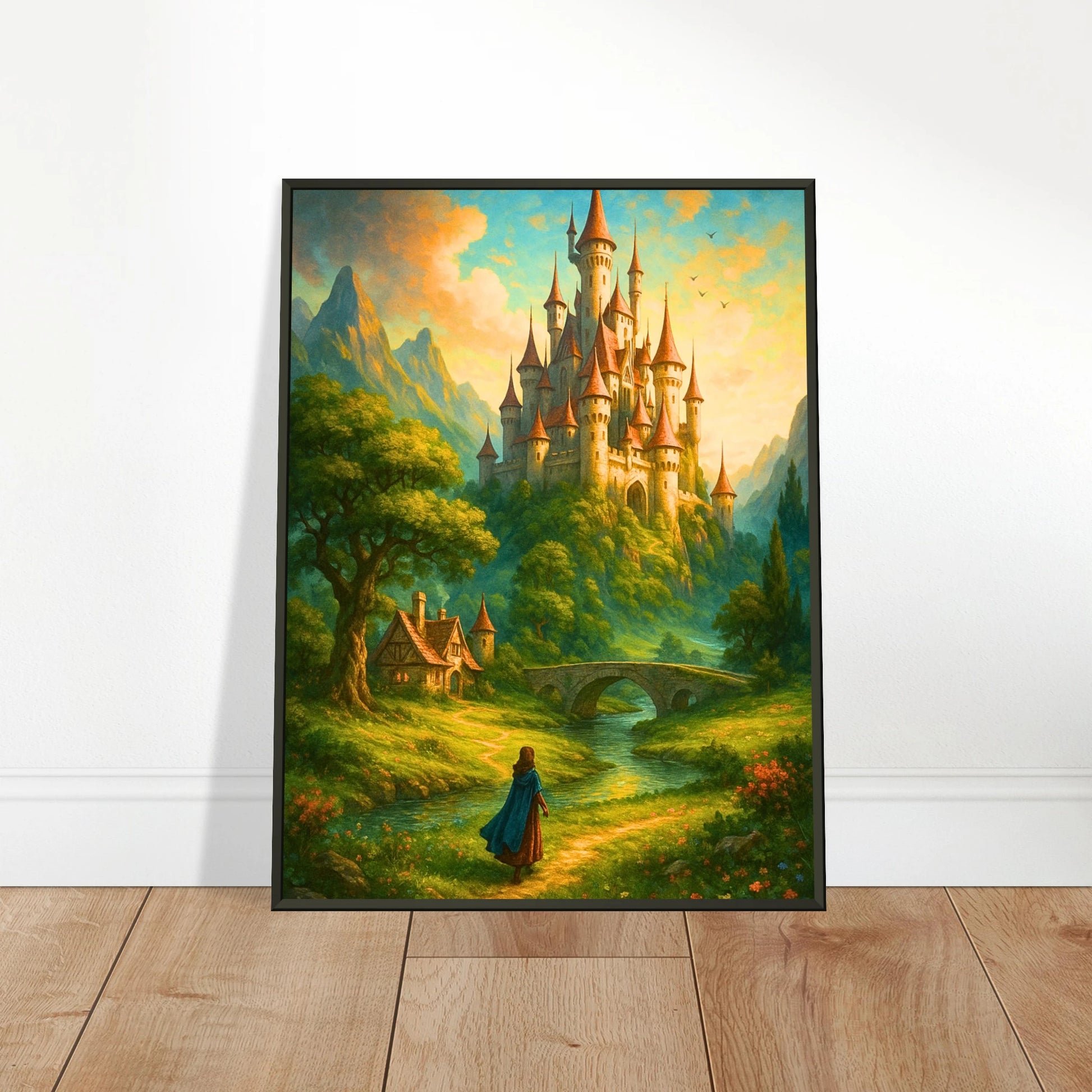 Land of Wonders Wandbild in hellem modernen Wohnraum, märchenhafte Fantasy Landschaft im schwarzen Metallrahmen