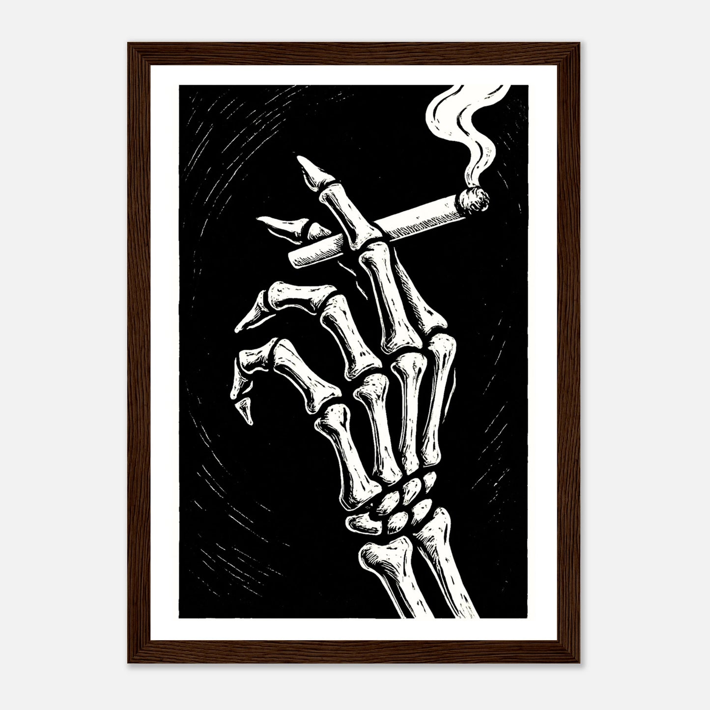 Last Smoke Poster im dunkelbraunen Holzrahmen – modernes Schwarz-Weiß-Design mit skelettierter Hand und brennender Zigarette. Stilvolles Gothic-Poster von Defa Designs für ausdrucksstarke Wanddekoration.