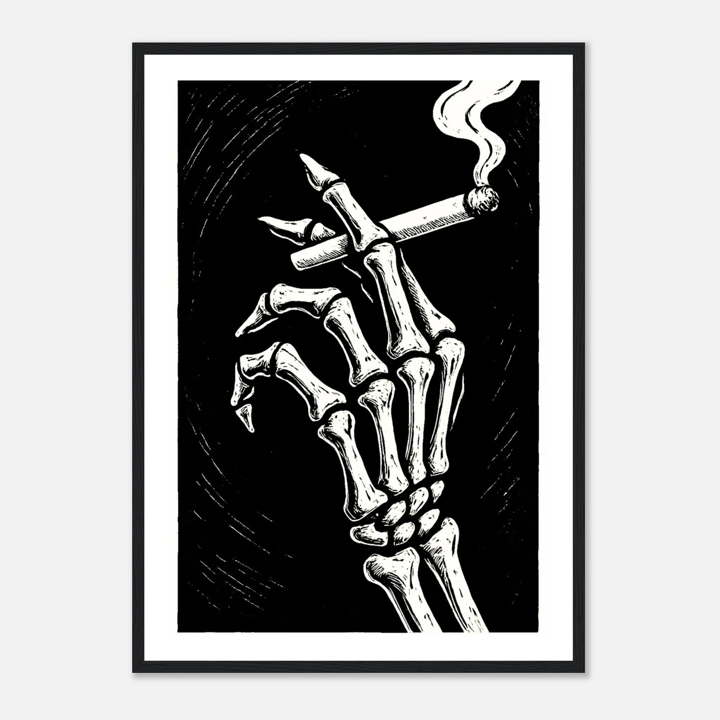 Last Smoke Poster im schwarzen Rahmen – düsteres Kunstwerk mit skelettierter Hand und Zigarette, minimalistische Wandkunst mit dunklem Charme für moderne Interiors – von Defa Designs.