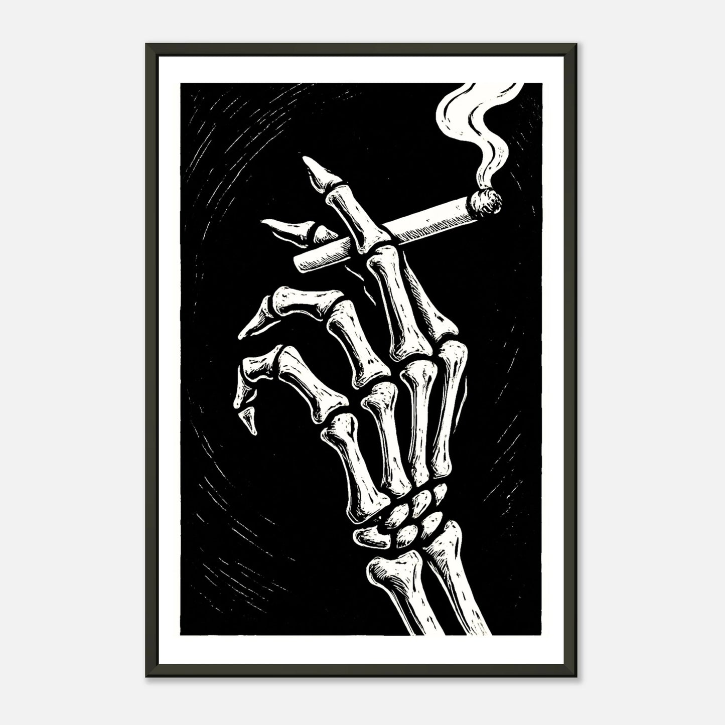 Last Smoke monochrome skeleton wall art print in black metal frame with edgy tattoo inspired illustration