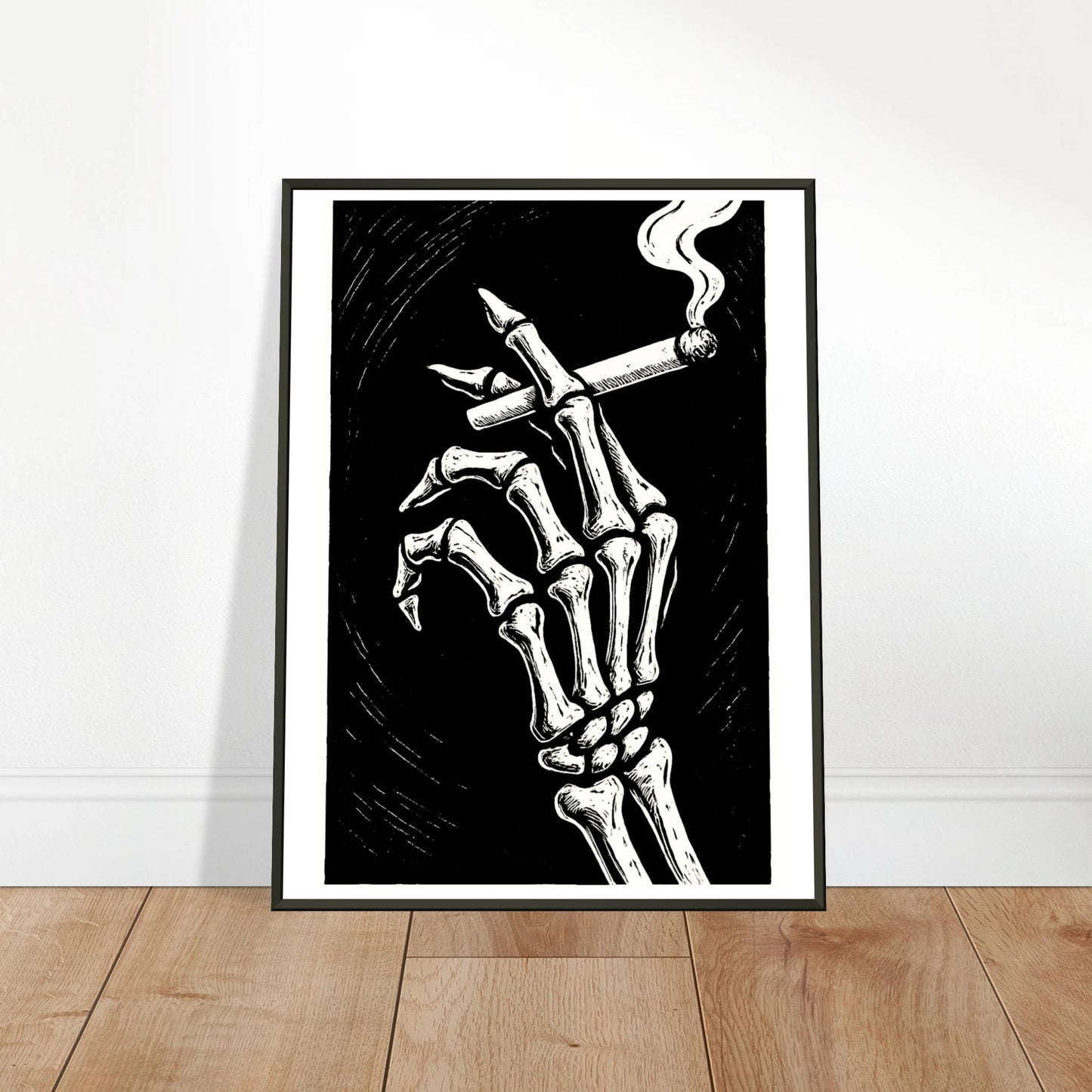 Last Smoke skeleton wall art poster leaning against wall in black metal frame alternative modern interior mockup