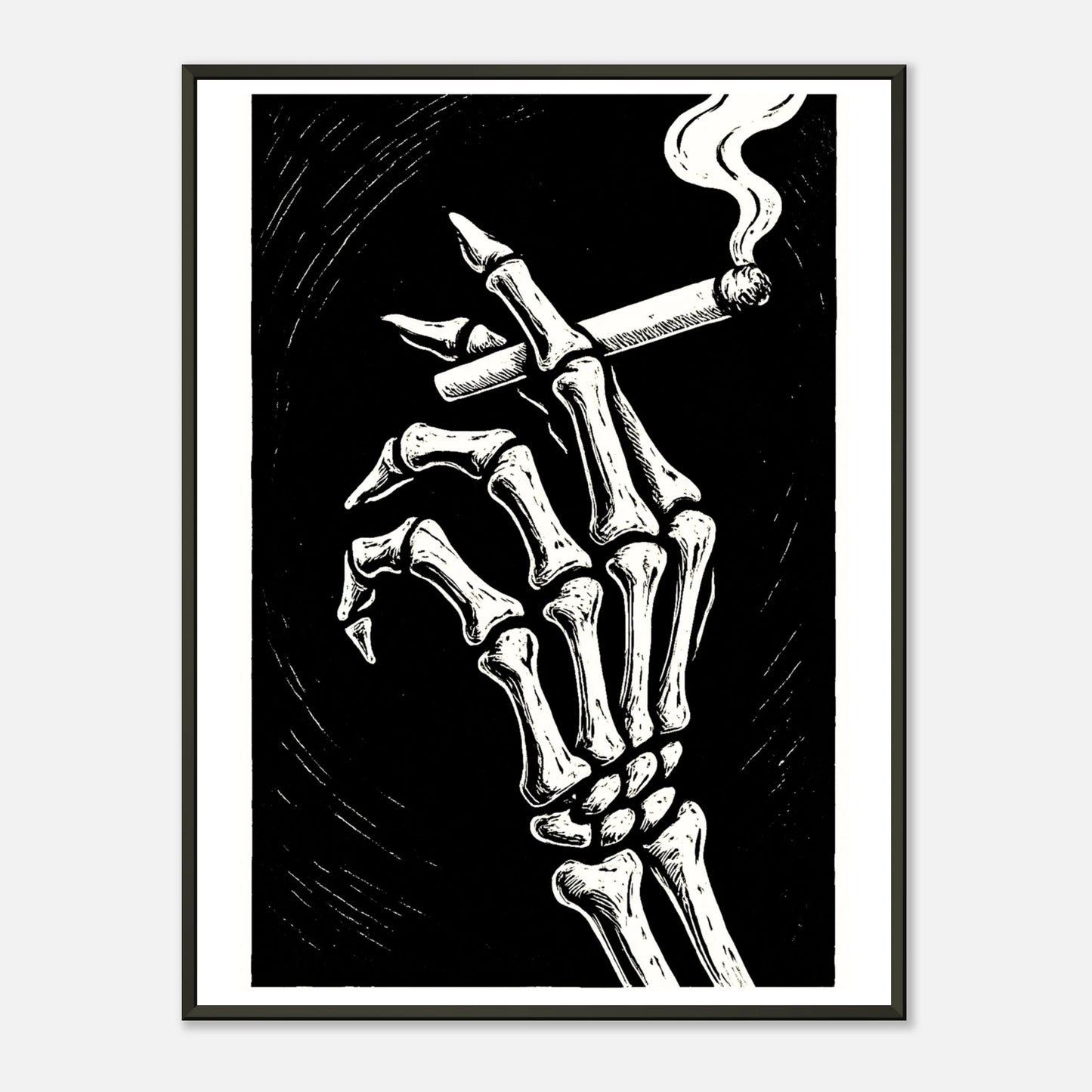 Last Smoke skeleton wall art poster in black metal frame featuring smoking skeletal hand in bold monochrome gothic style