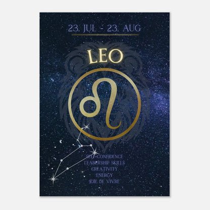 Wandkunst für das Feuerzeichen Leo – stilvolles Poster mit goldenem Löwe-Symbol und astrologischen Eigenschaften