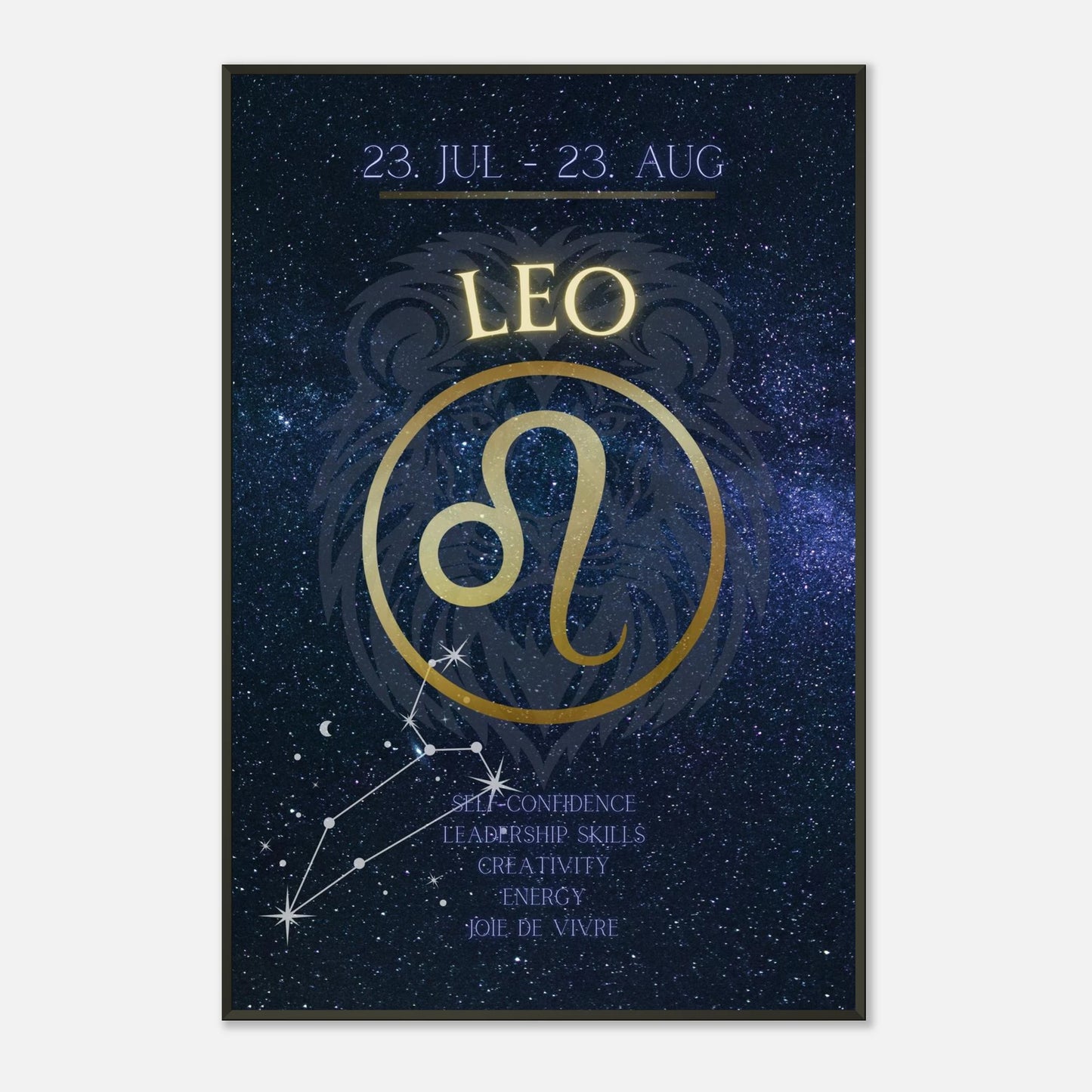 Leo horoscope wall art print in black metal frame featuring July 23 to August 23 zodiac dates