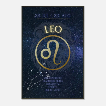 Leo horoscope wall art print in black metal frame featuring July 23 to August 23 zodiac dates