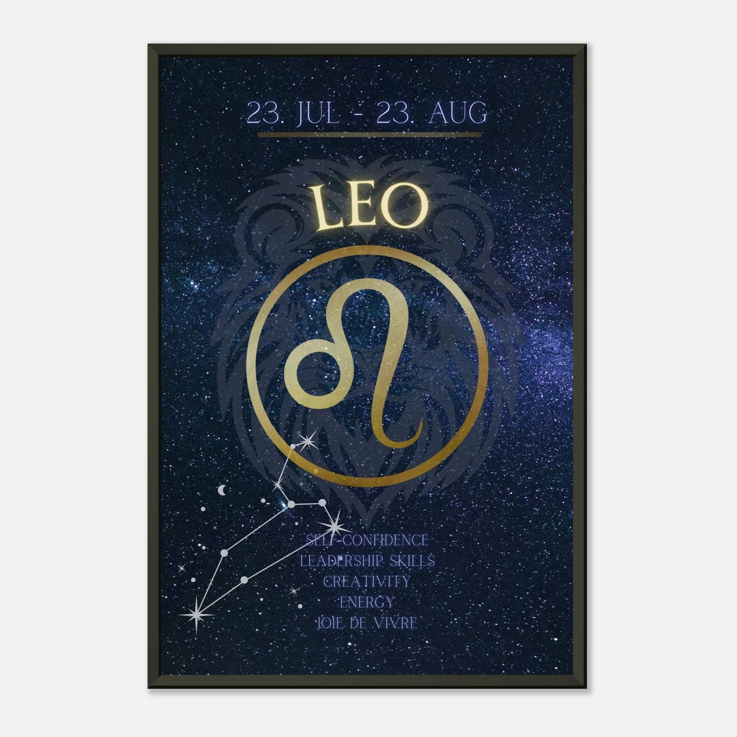 Leo zodiac wall art in black metal frame front view with blue galaxy background and astrology symbol